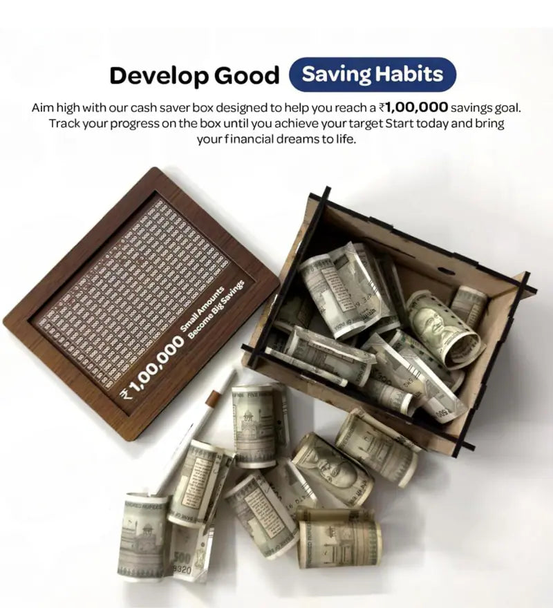 Wooden Money Saving Box for ₹1 Lakh Target – Marker Included