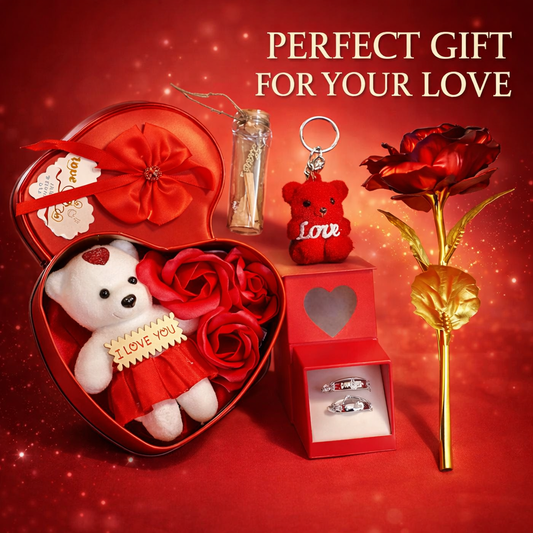 Forever Love Valentine Gift Set – Teddy Bear, Heart Box, Rose, Couple Rings & Love Keychain Combo