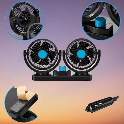 12V Dual Head Car Fan – Powerful 2-Speed Dashboard Cooling with 360° Rotation | Electric Auto Air Circulator for All Vehicles