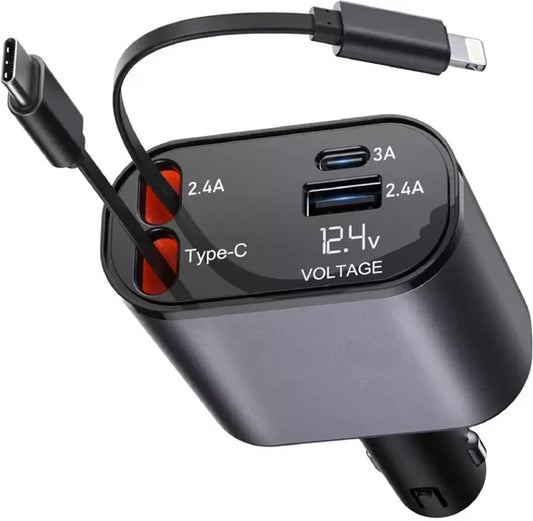 120W 4-in-1 Retractable Car Phone Charger – Features retractable cables and USB ports, supports all phone models for fast and reliable in-car charging.