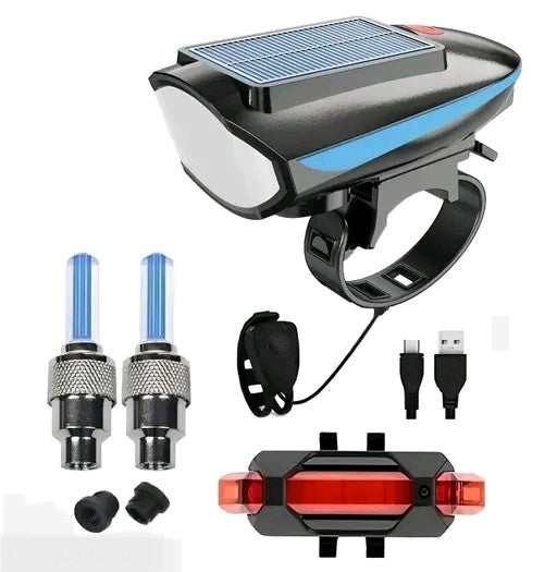 BLACKBELL USB Rechargeable Front Cycle Light (Solar and USB), Back Tail Light And Tyre Valve Light (Pack of 1 Front Light, 1 Rear Light, 2 Valve Lights)
