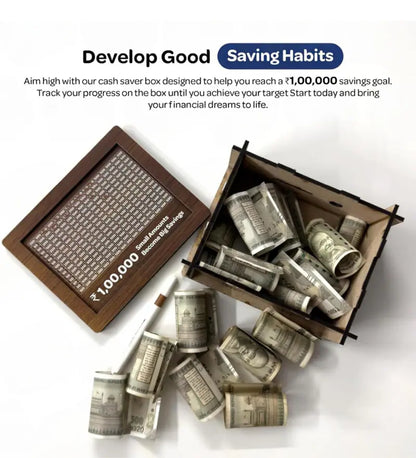 Wooden Money Saving Box for ₹1 Lakh Target – Marker Included